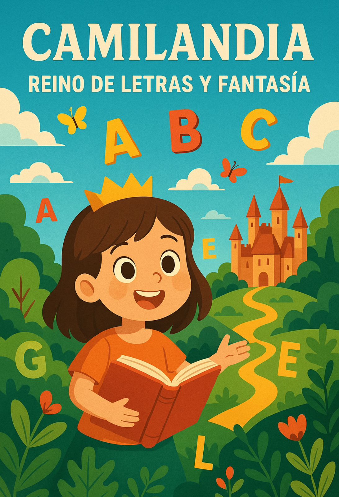 Camilandia, el mundo de las letras y fantasías. Hay un castillo al fondo, con letras, es un paisaje como una pradera y una niña llamada Cami, sosteniendo un klibro